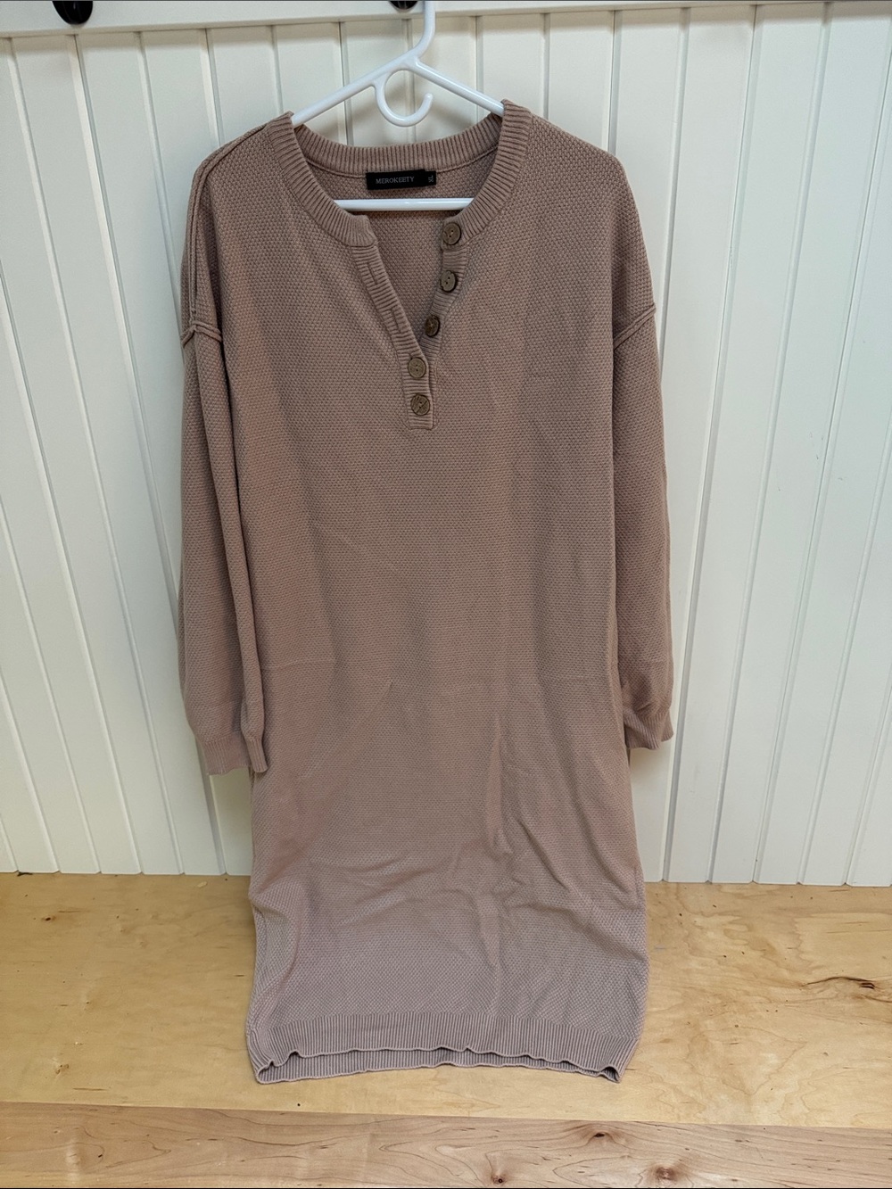Cozy Button-Front Knit Dress Tan